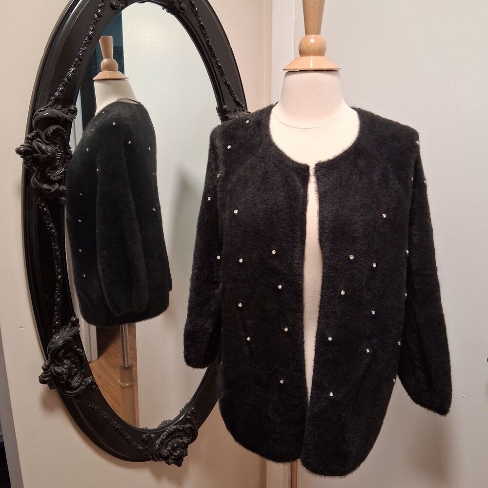 Nic + Zoe Rhinestone 3/4 Sleeve Open Front Cardigan Sweater Size Large /B10